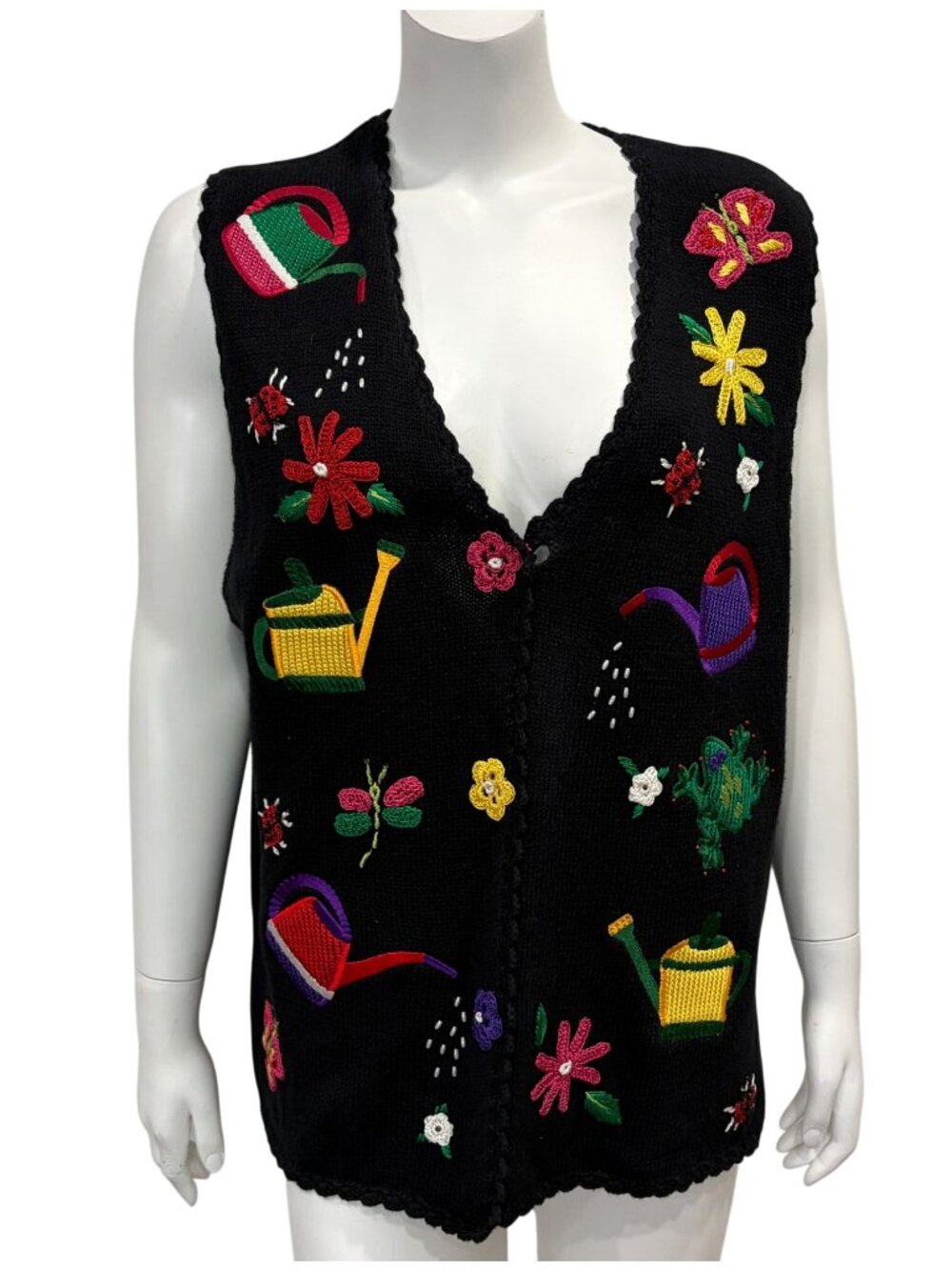 Vintage Mandal Bay Embroidered Knit Sweater Vest Womens XL Gardening Nature